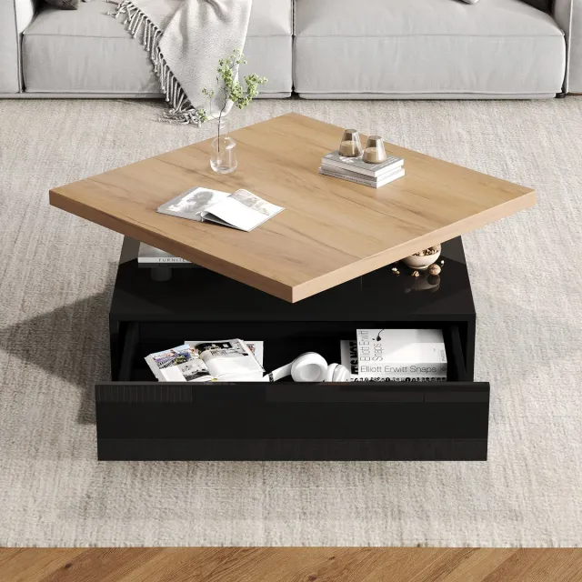 FloraGrace Salontafel - 360 Graden Draaibaar Met Verborgen Opberglade - Voor Woonkamer En Lounge - Spaanplaat - 70x70x36 Cm - Zwart Walnoot