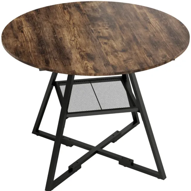 ZYLARO Eettafel Voor 4 Personen - Ronde Industriële Keukentafel - 100 cm - Met Plank - Tafelblad Met Houtlook - Rustiek Bruin rustiek bruin+zwart