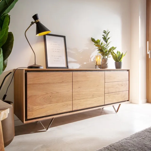 DELIFE Ladekast Stonegrace Acacia Natur 175 cm 2 deuren 3 laden steenfineer V-voets dressoir Bruin