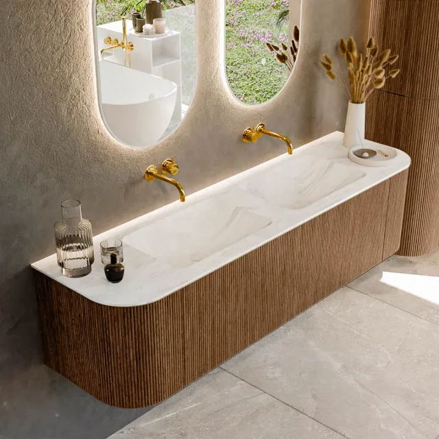 Mondiaz KURVE-DLUX 170 cm Onderkast Greeploos 1 Lade Met Deuren Walnut, Wastafel Solid Surface Dubbel Ostra 0 Kraangaten Zonder Spiegel (KRVLEA170L+R1L2D0KD-Wal/Ost)