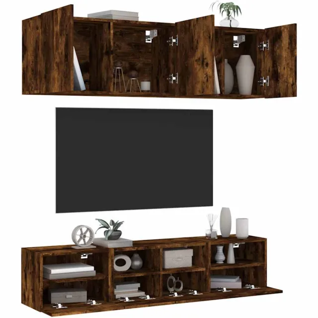 vidaXL 5-delige Tv-wandmeubelset bewerkt hout gerookt eikenkleurig Bruin