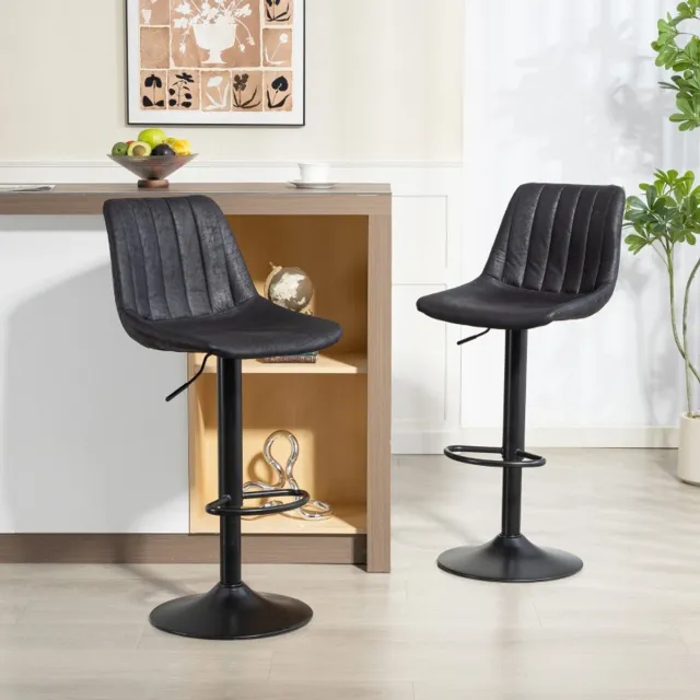 REDOM Barkruk set van 2 - Retrodesign - Hoogte verstelbaar met gaslift - Met voetsteun en hoge rugleuning - Microvezel - Metaal - Zwart - 43 x 46,5 x 89 tot 110 cm