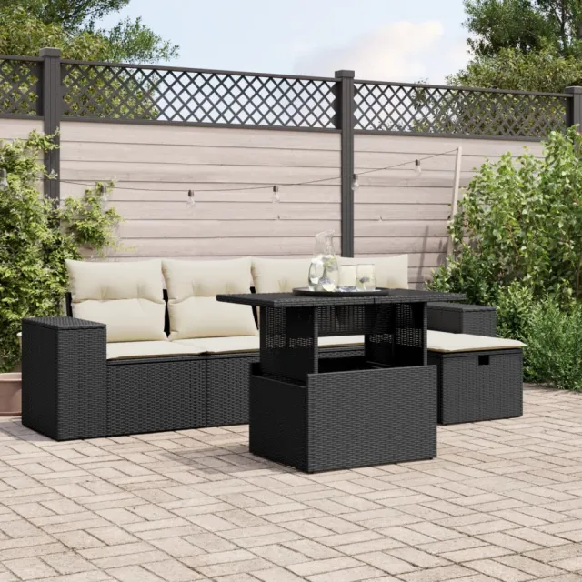 vidaXL 6-delige Loungeset met kussens poly rattan zwart, foto 2