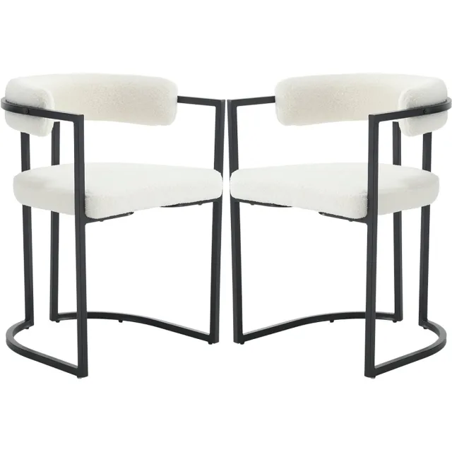 chairus Eetkamerstoel Set van 2 stoelen - Wit - Nepbont - Met Metalen Onderstel en Armleuningen - Vaste Hoogte - Met U-vormige rugleuning - Moderne Stoel Voor de Eetkamer