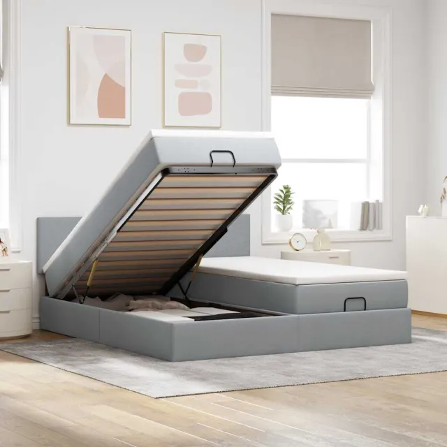 vidaXL Ottoman bed met matrassen 160x200cm stof lichtgrijs grijs