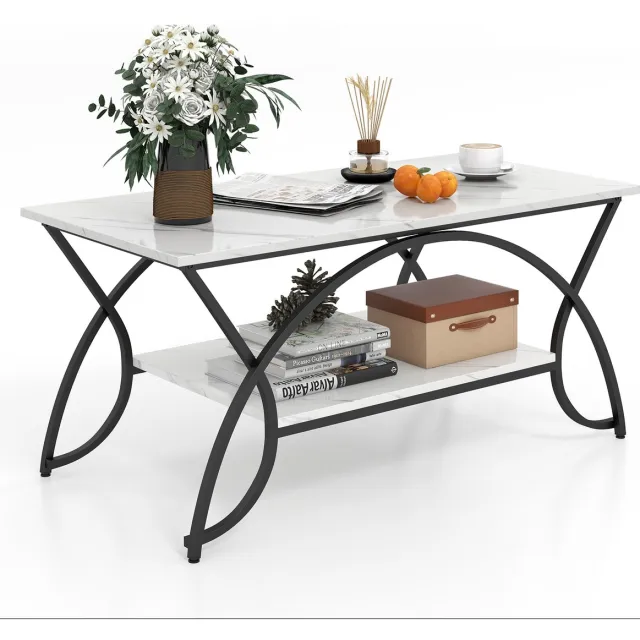 Costway Salontafel in marmerlook, koffietafel met plank en metalen frame, woonkamertafel, bijzettafel, banktafel voor woonkamer, 100 x 50 x 45 cm (zwart-wit)