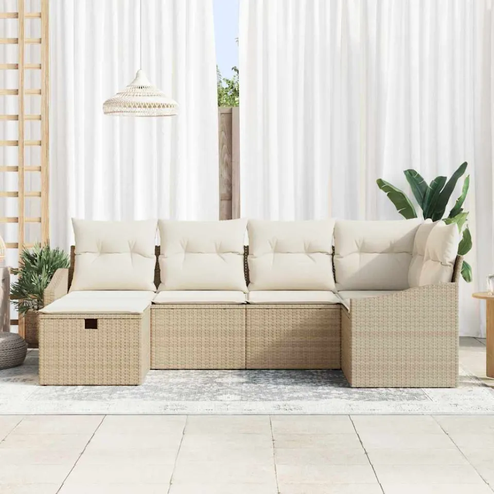vidaXL Bankstel met kussen met opslag Beige en Crème poly rattan, foto 3