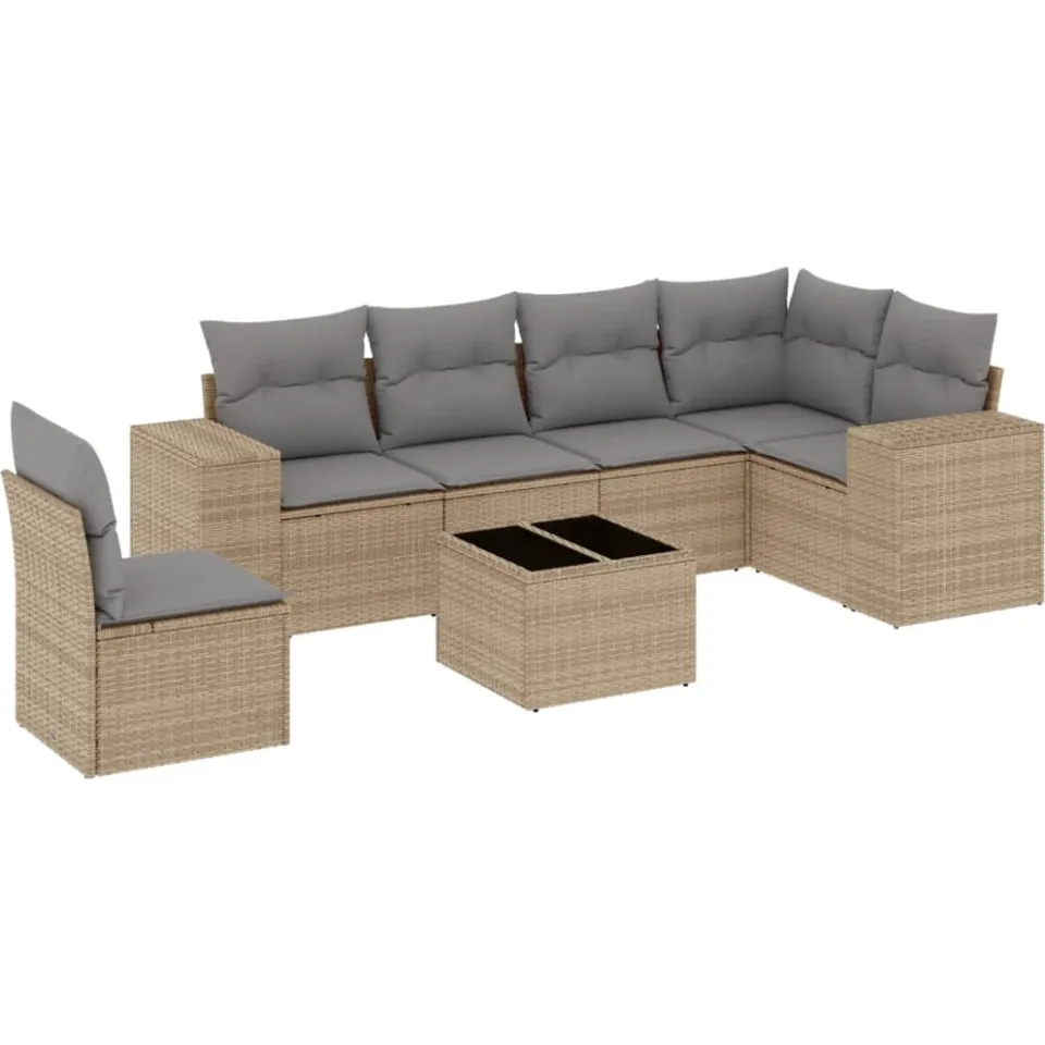 vidaXL 7-delige Loungeset met kussens poly rattan beige