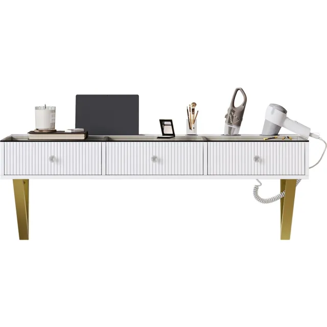 in& out door furniture Make-up tafel hangend, met 3 lades, glasplaat, tablet houder en bekerhouder; Wit 120×40×45 cm (B×H×D) (zonder LED-spiegel)