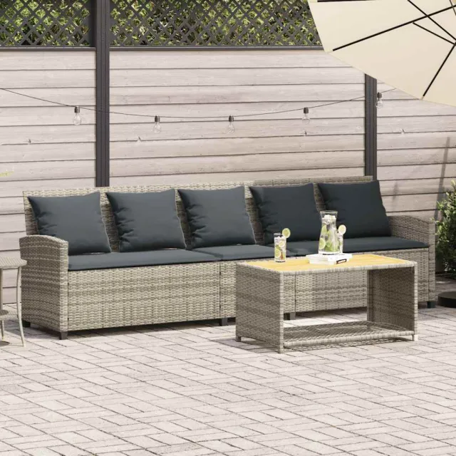vidaXL Tuinbank 5-zits met kussens poly rattan lichtgrijs