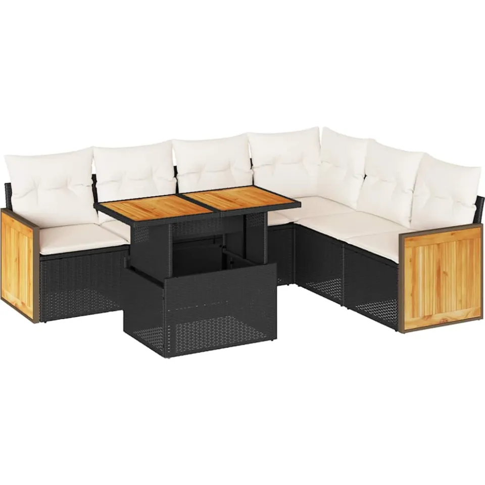 vidaXL 7-delige Loungeset met kussens poly rattan acacia zwart, foto 3
