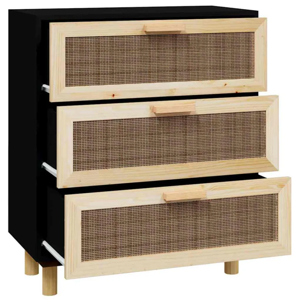 vidaXL Dressoir 60x30x70 cm massief grenen hout en rattan zwart, foto 3