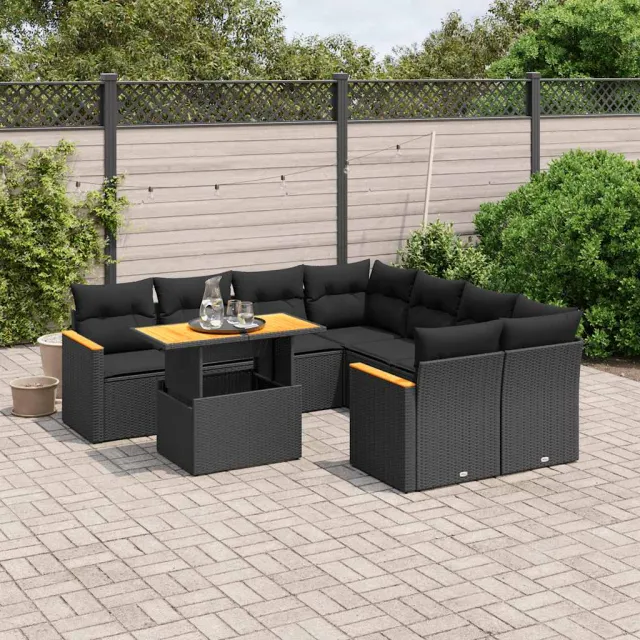 vidaXL 9-delige Loungeset met kussens poly rattan zwart, foto 2