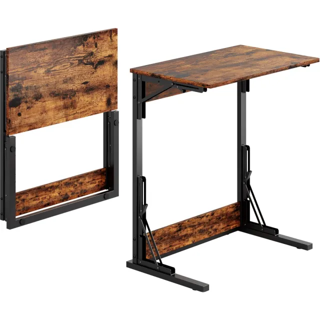 Clruro Bijzettafels - 60x37x71 cm - Set van 2 C-vormig en Inklapbaar - met Verstelbare Voeten - Metaal - Bruin
