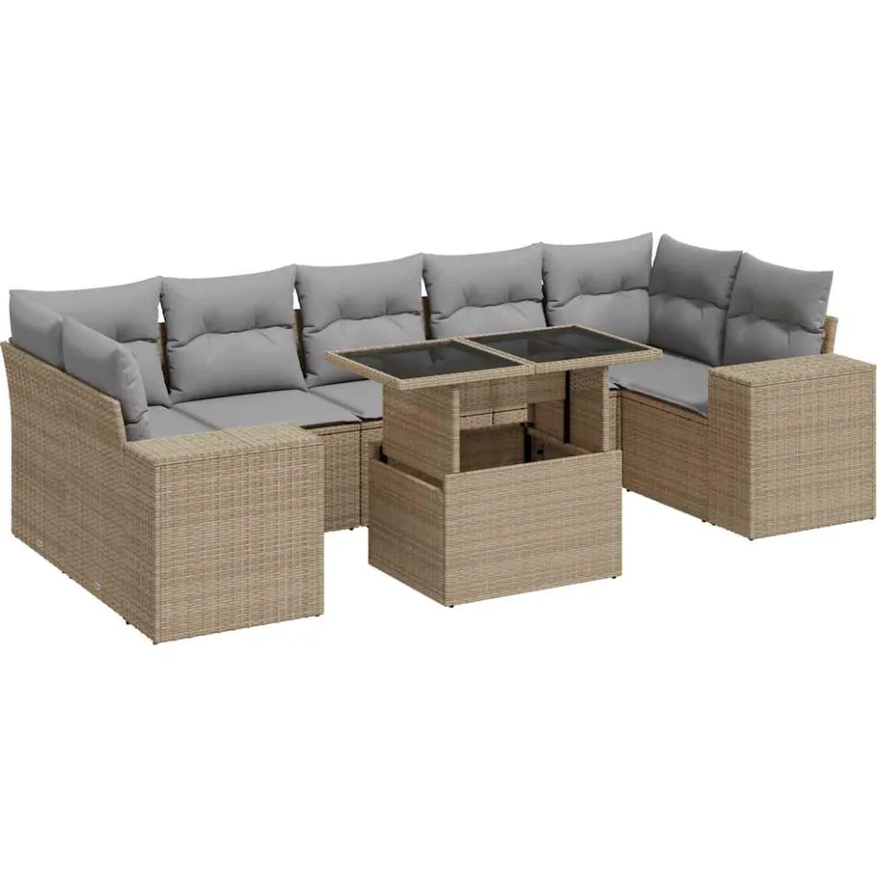 vidaXL 8-delige Loungeset met kussens poly rattan beige, foto 3