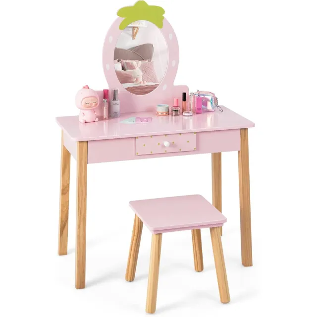 KOMFOTTEU Kindermake-uptafel met spiegel - make-uptafel voor meisjes met laden - kaptafel voor kinderen met kruk - roze