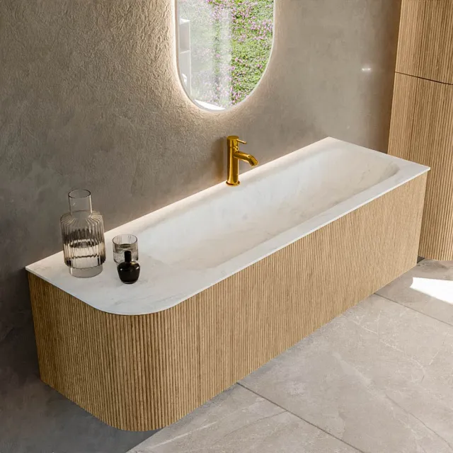 Mondiaz KURVE-DLUX 145 cm Onderkast Greeploos 1 Lade Met Deuren Oak, Wastafel Solid Surface Rechts Opalo 1 Kraangat Zonder Spiegel (KRVBGL145L1L1D1KR-Oak/Opa)