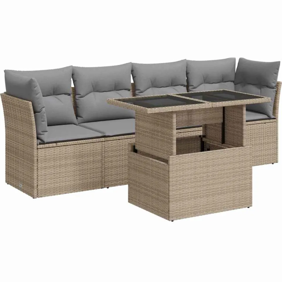 vidaXL 5-delige Loungeset met kussens poly rattan beige, foto 3