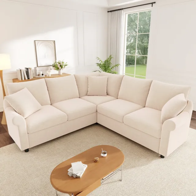 Zubaliya Moderne Hoekbank, L-Bank, 4-Zits Bank, L-vormige hoekbank van chenillestof, 5-zits bank voor woonkamer, 217x217x83cm, Beige