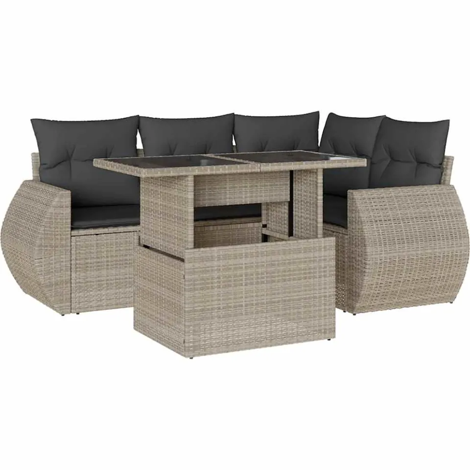 vidaXL 5-delige Loungeset met kussens poly rattan lichtgrijs grijs, foto 3