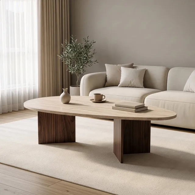 Skye Decor , Salontafel, Flap - Travertine, Milano Walnut, Gemelamineerde spaanplaat, Travertin & Milano walnoot, 139,5 x 79,5 x 42 cm Travertijn Milano-walnoot