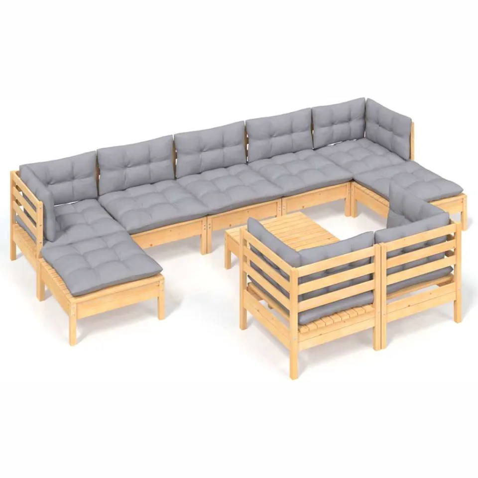 vidaXL 10-delige Loungeset met grijze kussens massief grenenhout Grijs
