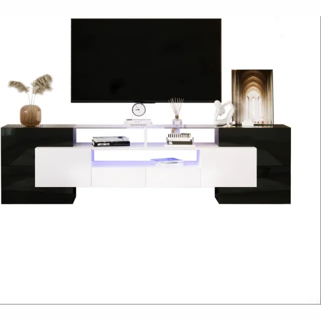 Clruro TV-lowboard - 200 cm - LED en Hoogglans - Elegant Glasoppervlak - Modern Design - Hout en Glas - Wit Zwart