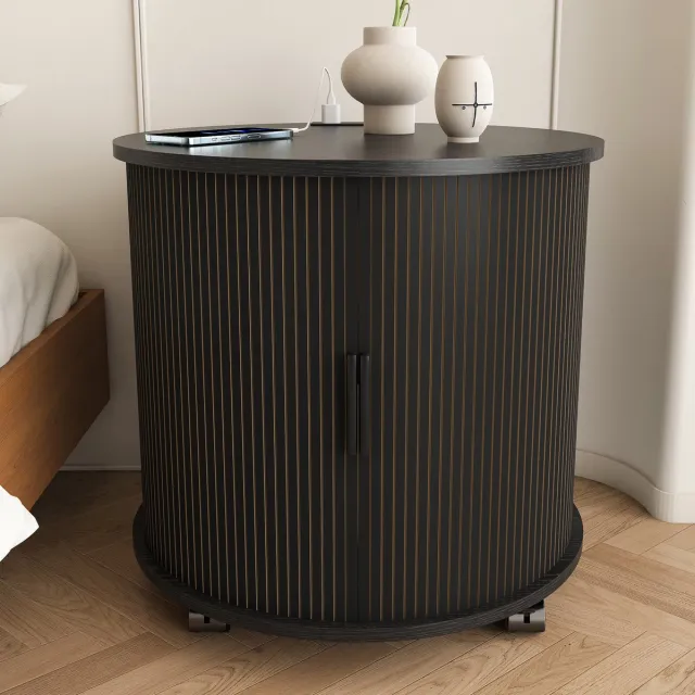 MODFU Nachtkastje - Schuifdeur - Laadstation - 2 USB - MDF - Zwart - 60 X 60 X 60 Cm