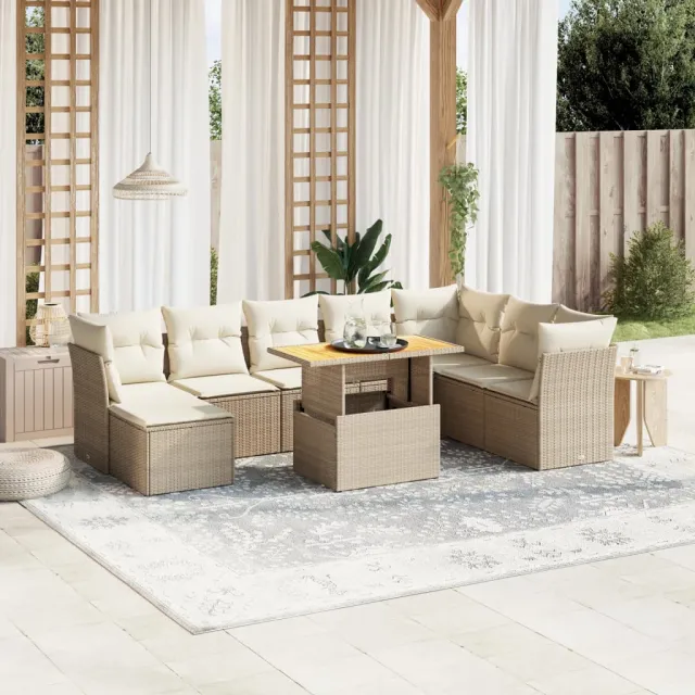 vidaXL 9-delige Loungeset met kussens poly rattan beige, foto 2