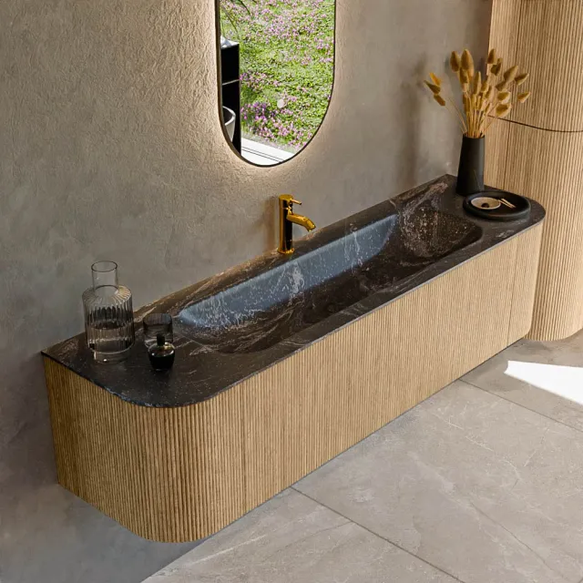 Mondiaz KURVE-DLUX 170 cm Onderkast Greeploos 1 Lade Met Deuren Oak, Wastafel Solid Surface Midden Lava 1 Kraangat Zonder Spiegel (KRVBGL170L+R1L2D1KM-Oak/Lav)