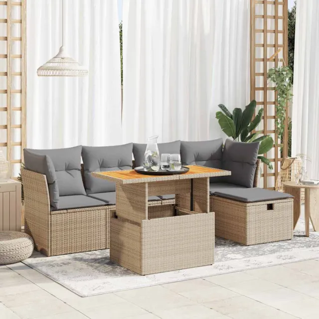 vidaXL 6-delige Loungeset met kussens poly rattan acacia beige, foto 2