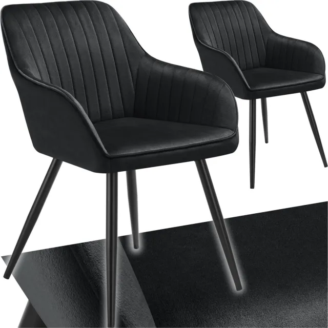 Tectake Fluwelen stoel met gestikt patroon - Set van 2 - Eetkamerstoel in fluweelstof - Moderne fauteuil - Woonkamer, eetkamer, lounge of kaptafelstoel - Div. kleuren - Zwart/zwart
