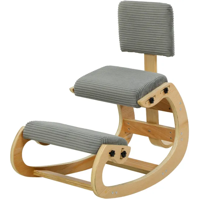 MUVANO Ergonomische kniestoel met rugleuning - Ribstof - Berkenmultiplex - 54 x 98 x 86 cm - Schommelfunctie - Voor werken en studeren aan het bureau - Grijs