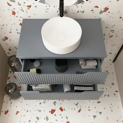 Aurlane Wastafelonderkast Emilien 46cm - Muizengrijs Mat - Met 2 Lades - Met Mat Witte Wastafel, foto 2