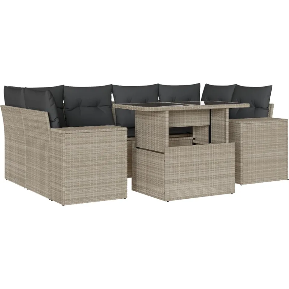 vidaXL 7-delige Loungeset met kussens poly rattan lichtgrijs grijs, foto 3