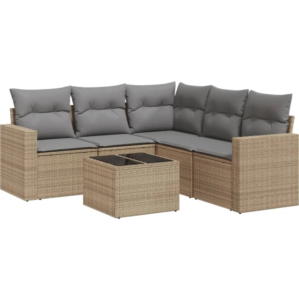 vidaXL 6-delige Loungeset met kussens poly rattan beige, foto 4