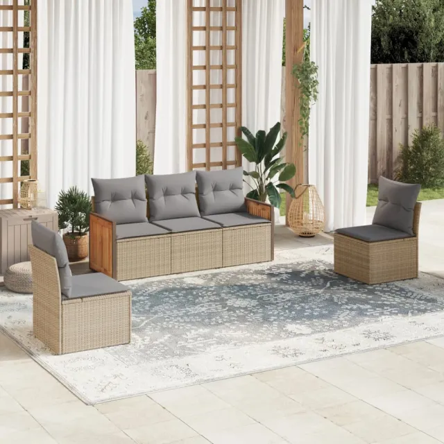 vidaXL 5-delige Loungeset met kussens poly rattan beige, foto 2