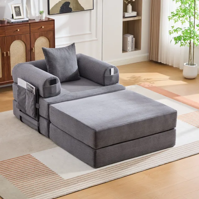STILVORA Voetenbank 109 x 95 x 43 cm - Uitklapbaar Tot Eenpersoons Sofabed - Voor Woonkamer En Slaapkamer - Corduroy - Donkergrijs