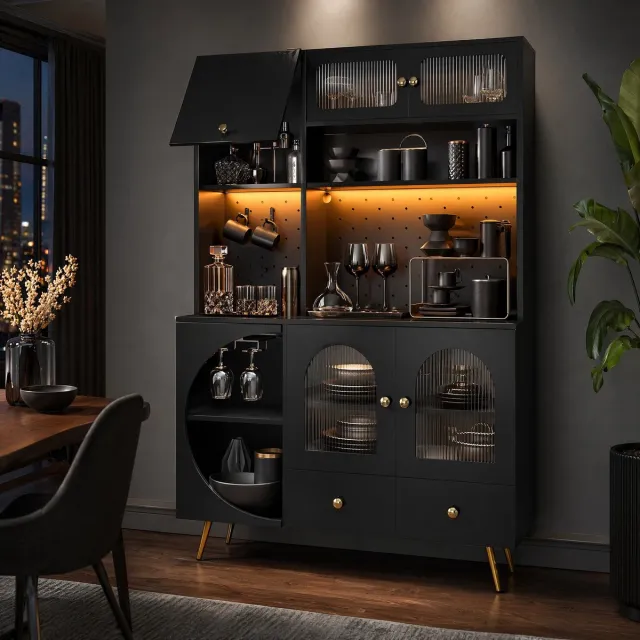 Wishdor Keukenkast - Hoge opbergkast met LED, stopcontacten en USB - lade, open vakken en pegboard - modern - keuken of woonkamer - houtlook glas - zwart - 120 x 40 x 176 cm