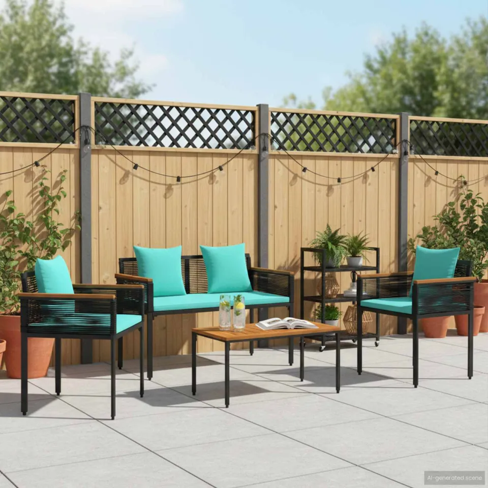 vidaXL Buitenmeubelset met kussen Zwart en Turquoise poly rattan, foto 3