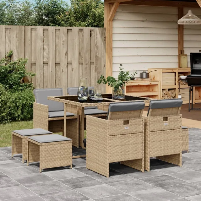vidaXL 9-delige Tuinset met kussens poly rattan gemengd beige, foto 2