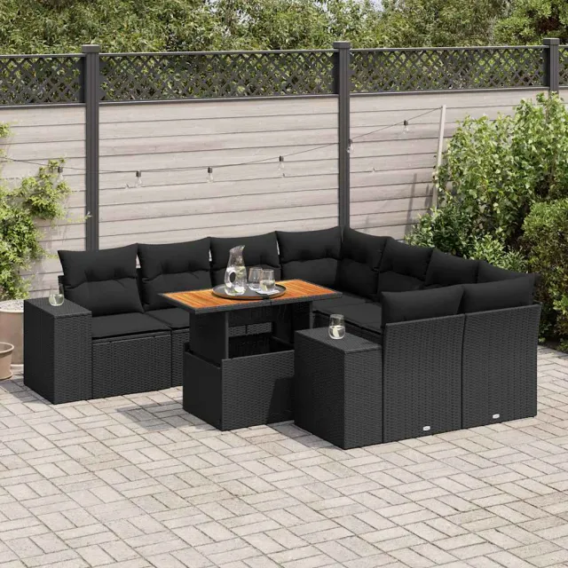 vidaXL 9-delige Loungeset met kussens poly rattan zwart, foto 2