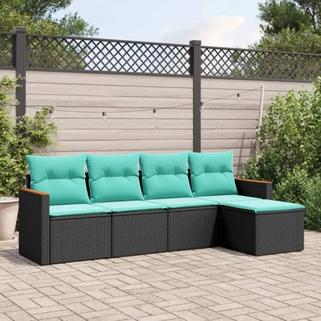 vidaXL 5-delige tuinbankset met kussens van zwart polyrotan, foto 2