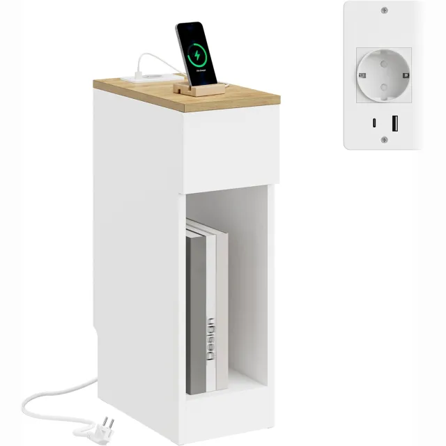 SoBuy 20CM Smal Nachtkastje met Stopcontact - voor Slaapkamer en Woonkamer - 20 x 35 x 60 cm - Wit - FBT111-E-WN
