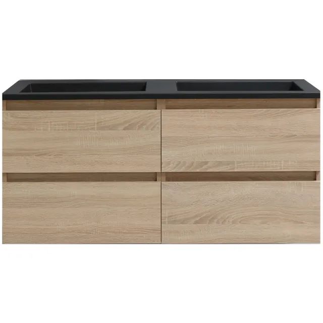Boss & Wessing Badkamermeubel BWS Pepper Acryl Wastafel Mat Zwart Met 2 Kraangaten 120x55x46 cm Eiken