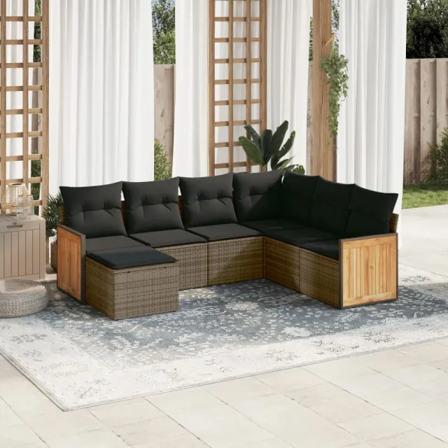 vidaXL 7-delige Loungeset met kussens poly rattan grijs, foto 2