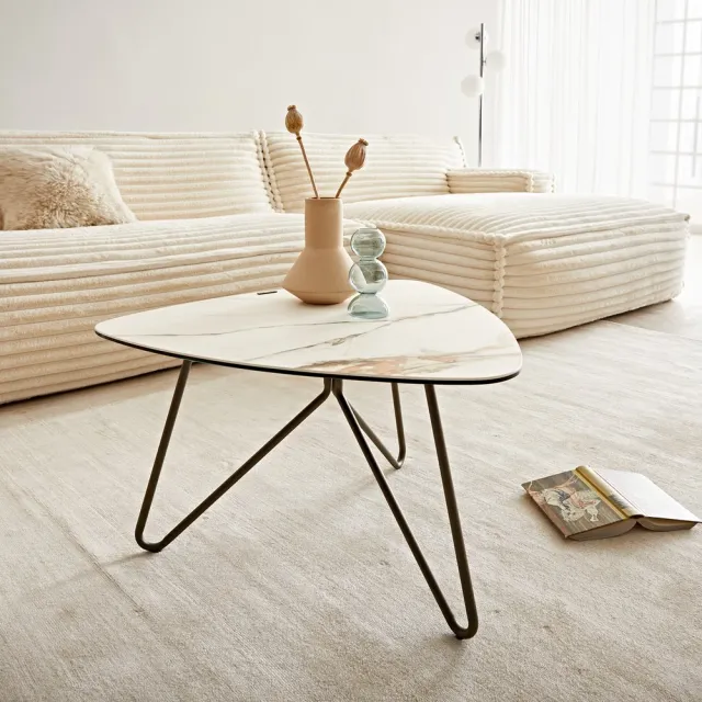 DELIFE Salontafel Ekrem keramiek Calacatta Luxe wit-goud-grijs 65x65 cm Kruisvoet rond metaal effect afwerking titanium Weiß-Gold-Grau