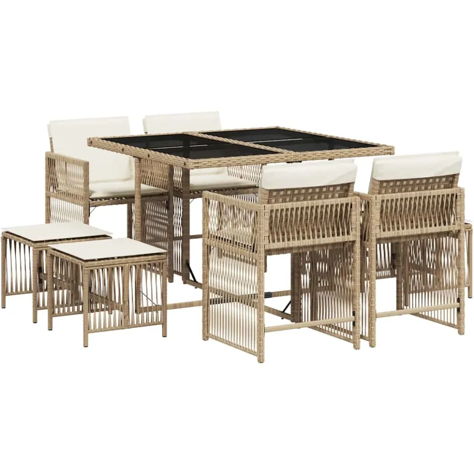 vidaXL 9-delige Tuinset met kussens poly rattan beige