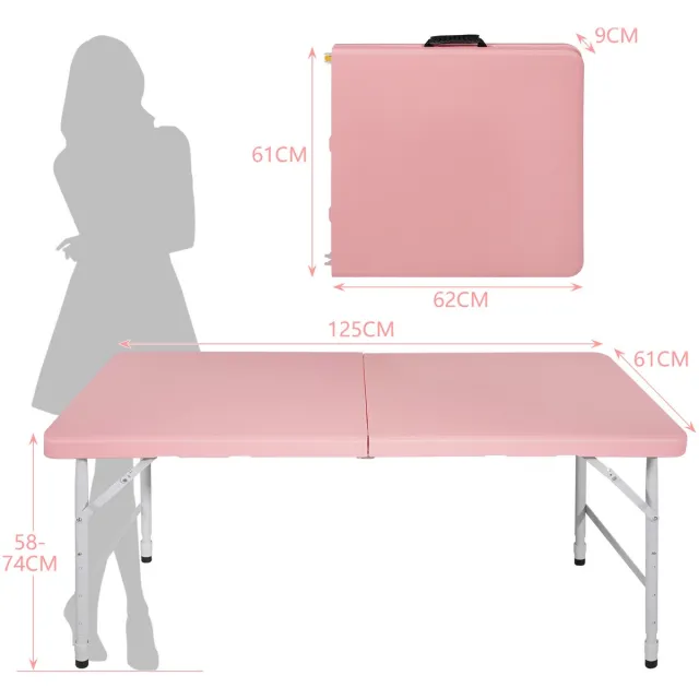 MEUNIQ Opklapbare tuintafel 125 x 61 cm met verstelbare hoogte 58–74 cm, stalen frame en kunststof blad voor picknick, camping en feestjes, Roze