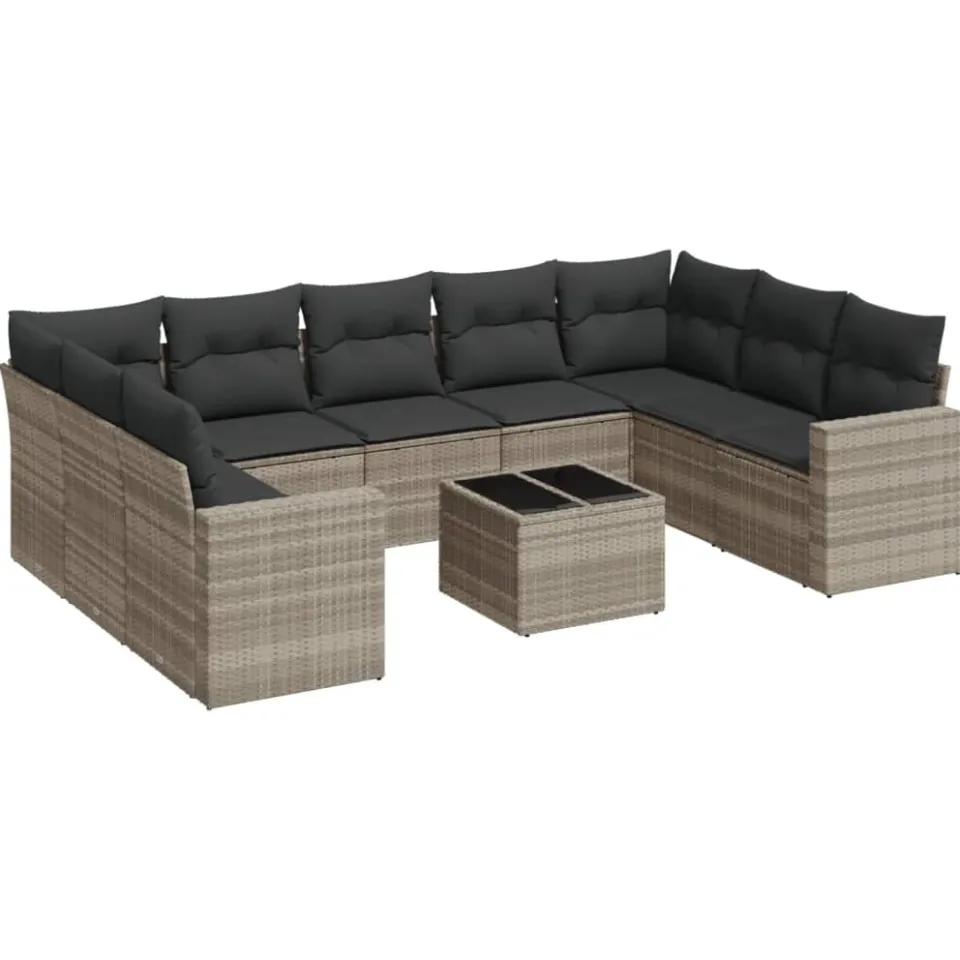 vidaXL 10-delige Loungeset met kussens poly rattan lichtgrijs grijs